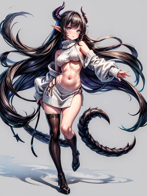 a succubus girl in a white sweater ,  backless sweater with side slits,  full body ,  long hair, pointed ears,  black hair , blu...