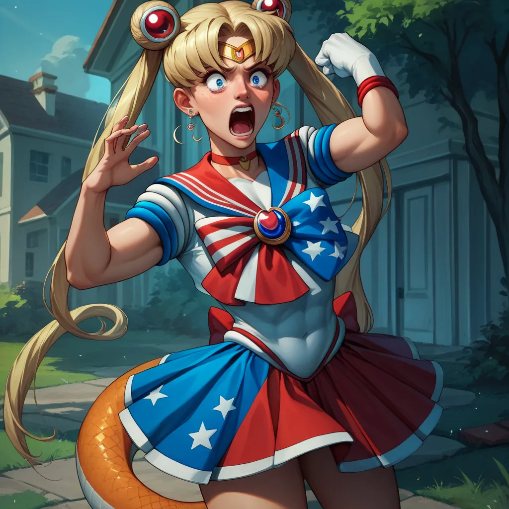 donald trump does a magical girl transformation into sailor moon to save the american flag, shouting 'naga!', outside the white ...