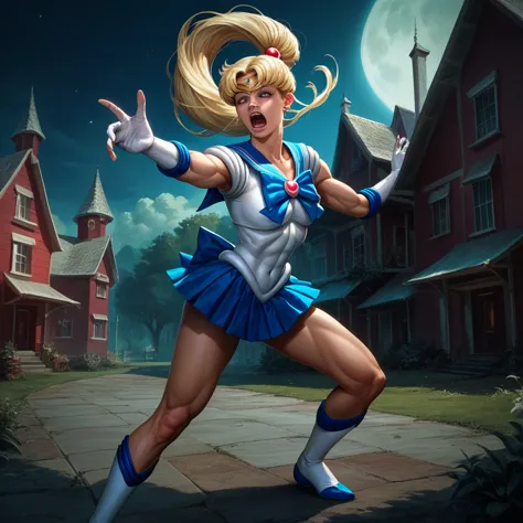 a muscular donald trump with blonde hair undergoing a magical girl transformation into sailor moon, dramatically saving the amer...