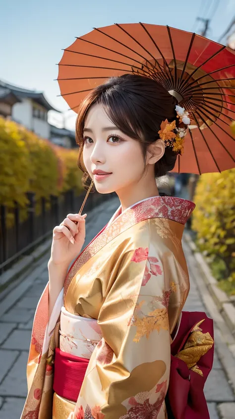  (    best quality、  High image quality、8k resolution、    ultra high resolution、masterpiece )、     The pattern of autumn leaves and autumn grass is projected on the Kyoto cityscape in the background 。    elegant woman wearing luxurious kimono   。     kimon...