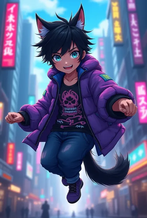  Young male anime-style character , short disheveled hair with tips up black, Eyes blue like the night ,  long hairy wolf tail , long ears, Cyberpunk clothing in pastel or neon purple and blue tones with skull designs,  in a cheerful and happy pose with a ...