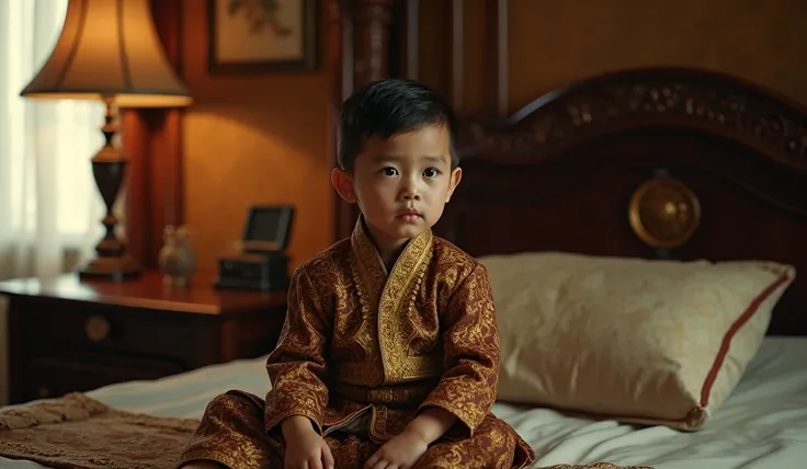 A photorealistic image of a beautiful  Indonesian boy dressed in royal garments inspired by ancient Indonesian kingdoms, sitting on a bed in a hospital room decorated with traditional Indonesian elements. His outfit features golden embroidery and batik pat...