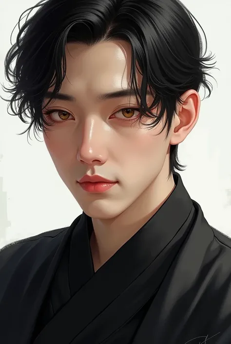 A white skinned man, short black hair , Cao Cao , honey colored eye, with a black blouse .brazileiro