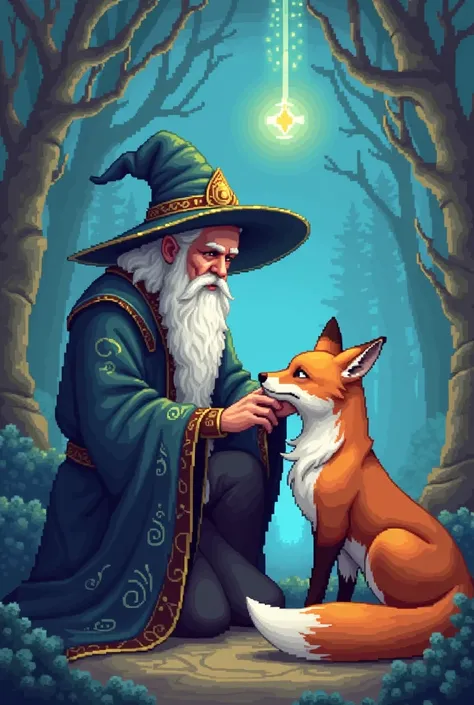 Pixel image of a kneeling wizard stroking a fox