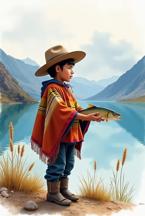 Watercolor of an Andean boy standing in profile at Lake Titicaca delivering a fish