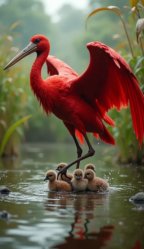 A scarlet ibis stands tall, its wings forming a sturdy shield for its chicks as a fierce wind howls through their marshland home.