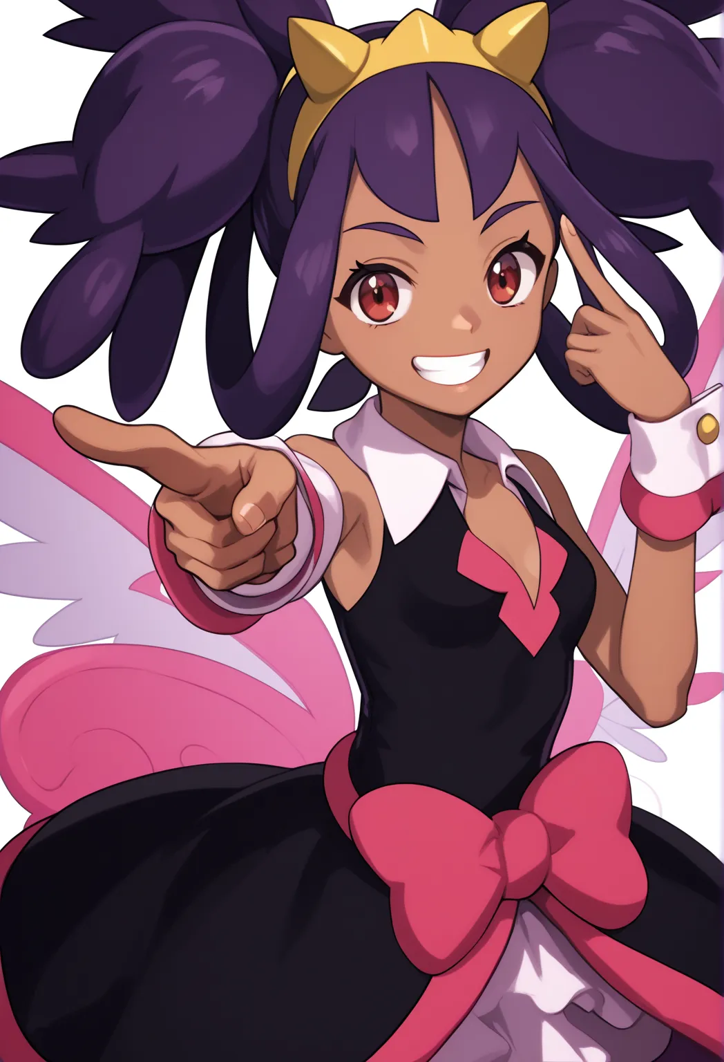 Best Quality, Masterpiece, ultra high resolution, iris (pokemon), purple hair, long hair, red eyes, dark skin, big hair,small breasts, anime screencap, cciris,fake horns,hairband,brown eyes,long hair,twintails,hair rings,bangs,dark skin,black dress,sleevel...