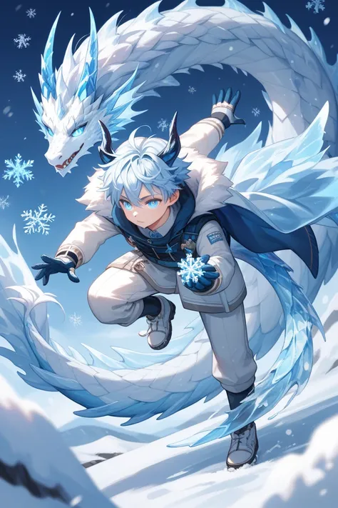 "Anime-style illustration of an ice dragon  boy. The character appears as a young boy with light blue, icy skin and small, curved ice-like horns on his head. His hair is white, resembling snow, and slightly tousled by the cold wind. He has bright blue, glo...