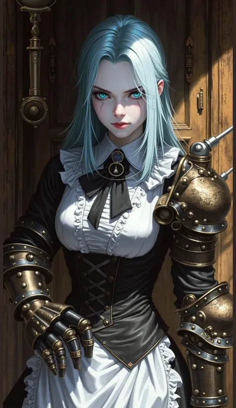 A Victorian-era combat maid with a steampunk aesthetic. She wears a refined black and white Victorian-style maid outfit, featuring intricate lace details, a corset, and a high-collared blouse. Her outfit is reinforced with bronze and copper armor plates, a...