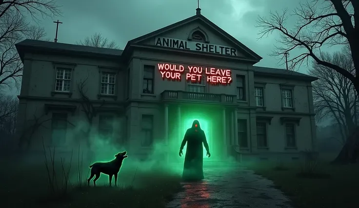 Create a chilling YouTube thumbnail for a supernatural horror video. The design should feature a dark, foggy atmosphere with an old, dilapidated "Animal Shelter" building. The structure should resemble a run-down hospital, with broken windows, peeling pain...