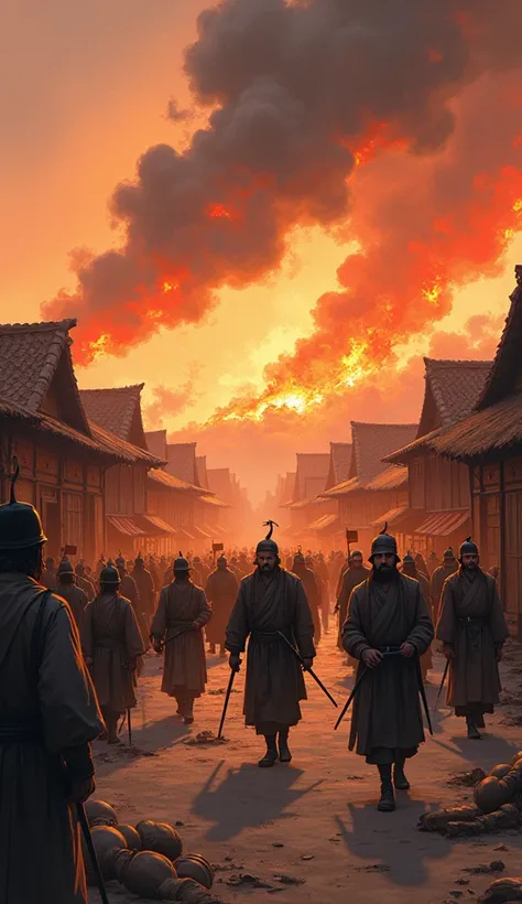 4K HD IMAGES Zhang’s ragtag army looting a rural village, flames and smoke rising behind them."
