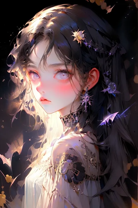 (Masterpiece, BestQuality:1.2),The girl is Nyx, the goddess of the night. A girl with long black hair is floating in the dark sky, with hands on knees. A melancholy expression. She is wearing a nightdress with a nebula pattern that looks like a double expo...