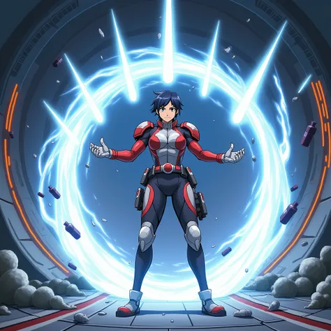  anime style .  A space soldier projects a white shield-shaped energy in front of him using his arms projected forward, stopping projectiles in a corridor of a ship 