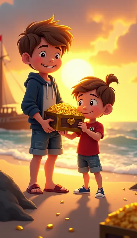 Sam and Captain Finley stand triumphantly on the beach, holding a golden chest filled with treasure. The sun is rising in the background, casting a golden light over the scene. Sam’s hair is slightly windblown, and his face is glowing with accomplishment. ...