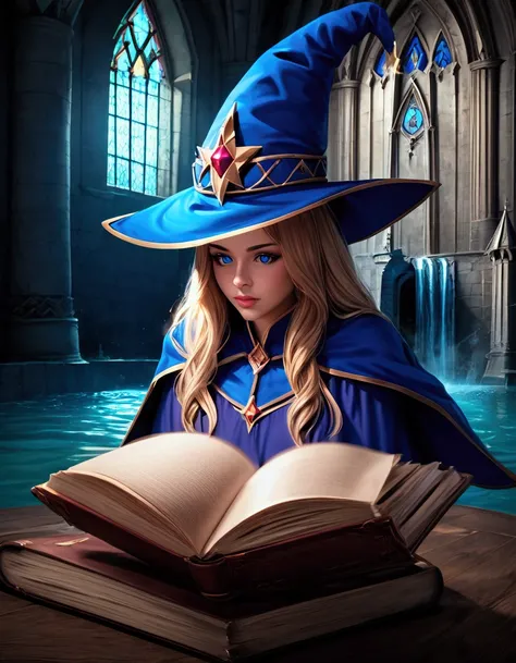 dark  magic ian girl, masterpiece,  is the best quality, (1 Girl),  alone, (water), Long hair, blond, Blue headdress, Wizard Hat, Spellcasting, castle, castle:2,  motion blur , Book,  magic , (moonlight:1.2), Chromatic Aberration,  Photo Depth,  soft light...