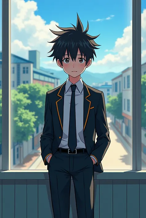 American anime boy ,spike hairstyle ,wearing Korean school uniform ,white shirt ,black colour tie ,black colour formal pant ,black colour blazer ,came out of the class, and looking in playground from the fourth floor named as noah