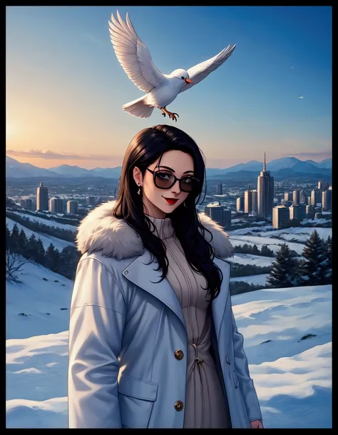 same,, 1 Girl, animal, animal on shoulder, bird,  Black Framed Glasses ,  black eyes,  dark hair , blue sky空,  cityscape , clear sky空, coat, sky, earrings,  Glasses Holder , The glasses have removed , fur coat, jacket, Jewelry, Long hair, Look to one side,...