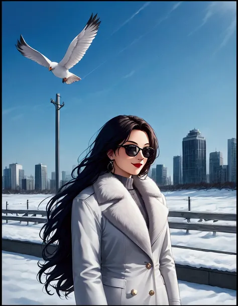 same,, 1 Girl, animal, animal on shoulder, bird,  Black Framed Glasses ,  black eyes,  dark hair , blue sky空,  cityscape , clear sky空, coat, sky, earrings,  Glasses Holder , The glasses have removed , fur coat, jacket, Jewelry, Long hair, Look to one side,...