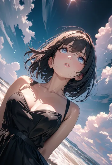 (best quality, masterpiece:1.2, 8k, 4K, extremely detailed CG, highly detailed), (detailed beautiful eyes)A beautiful woman is looking up at the sky, Women have straight bob hair,  The woman is wearing a black silk dress,