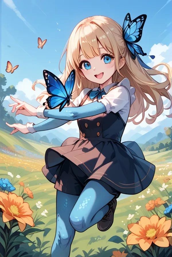 Butterfly woman, cute, scary, monster, flying around the flower field, scattering scales