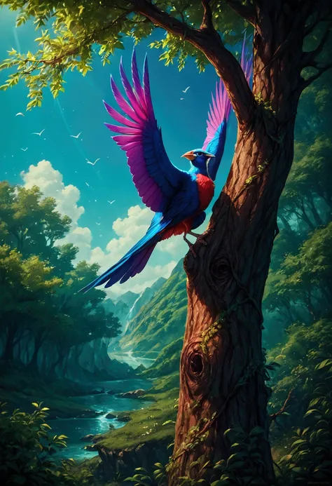 score_9, score_8_up, score_7_up, solo, A very beautiful bird standing on a tree branch, colorful, surrealistic, photography