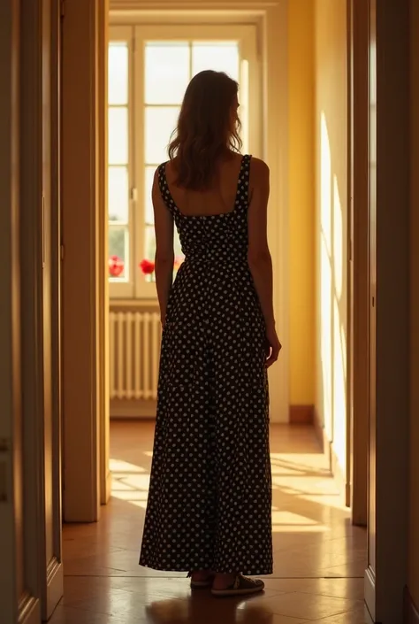 arafed woman in a polka dot dress standing in a hallway, a photogenic full-body image of Julian Hatton , pexels, happening, Photo taken in 2 0 2 0, photo of the clothes,  Wearing a long dress , photo of the clothesgraph, fotogênica de corpo inteiro, tirada...