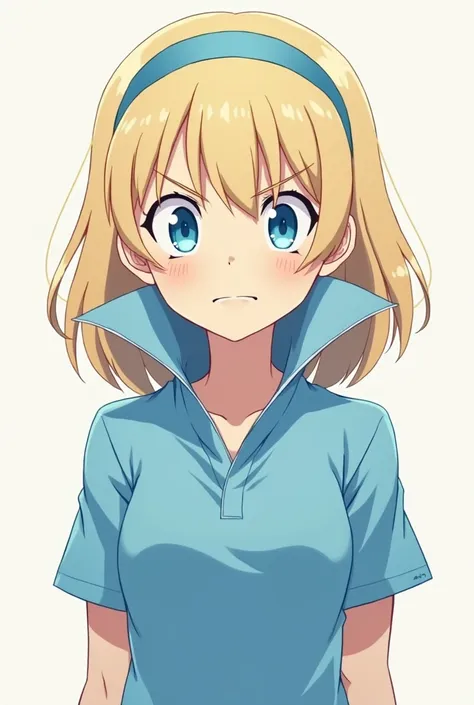 Angry Cute Blonde Anime Maria Robtink with blue eyes wearing a blue headband and wearing a Massive Blue Popped Collar Polo with her collar fully popped up. Shes looking down on you