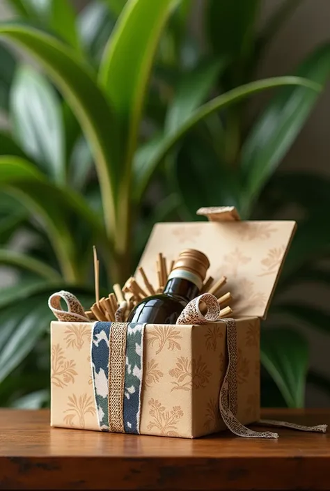 A sustainable gift box made from sugar palm leaves and adorned with tie-dye decorations or ribbons crafted from fabric scraps, combining the unique strengths of two local businesses in Phetchaburi. Make one for  packaging and add ribbon on top with box ope...