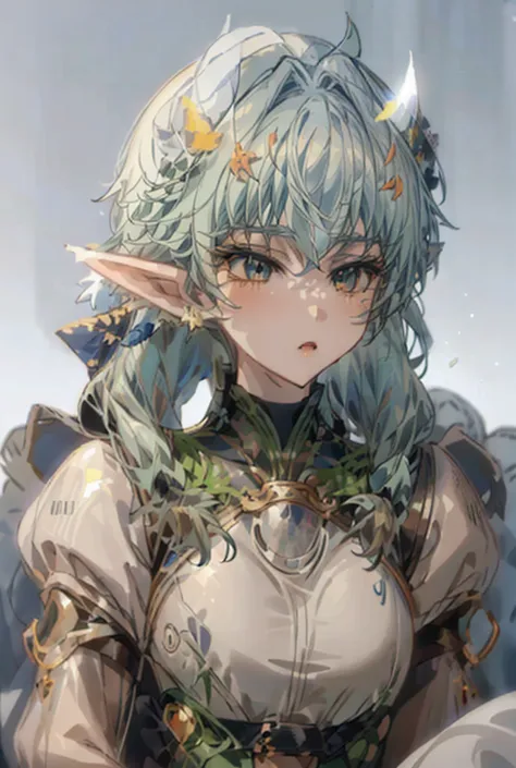 sagittarius、bow、beauty、short hair、kusano kan 、elf ears、 beautiful plant colored eyes、 grass blue hair 、athena、bowを構えている、bow遣い、wh...