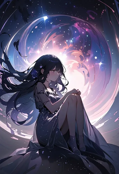 (Masterpiece, BestQuality:1.2),The girl is Nyx, the goddess of the night. A girl with long black hair is floating in the dark sky, with hands on knees. A melancholy expression. She is wearing a nightdress with a nebula pattern that looks like a double expo...