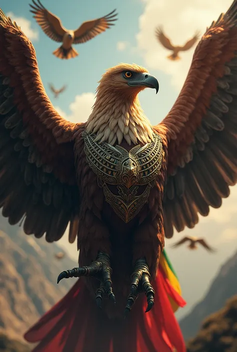 Animal Condor with armor, its wings open plus other condors in the back and the Bolivian flag in a corner 

