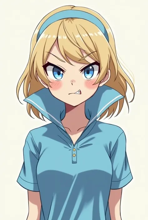 Angry Cute Blonde Anime Maria Robtink with blue eyes wearing a blue headband and wearing a Massive Blue Popped Collar Polo with her collar fully popped up. Shes punching you