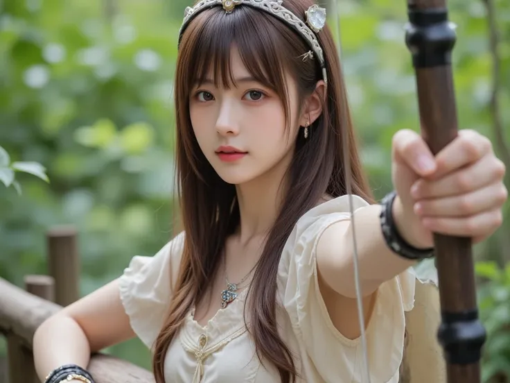 High resolution, high quality, super realistic photo. A beautiful Japanese idol in her 20s, wearing a Tarzan costume, with princess eyes, perfect figure, serious expression, standing in front of the photographer, hunting, the moment she holds her bow and s...