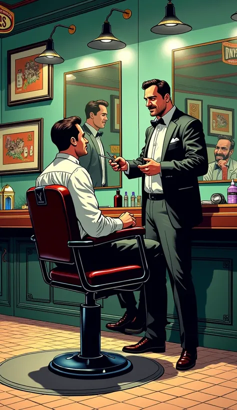 I want a DC Comics style illustration, two men, talking, barbershop, one is a customer, the other the owner, GLSHS, NEOST,