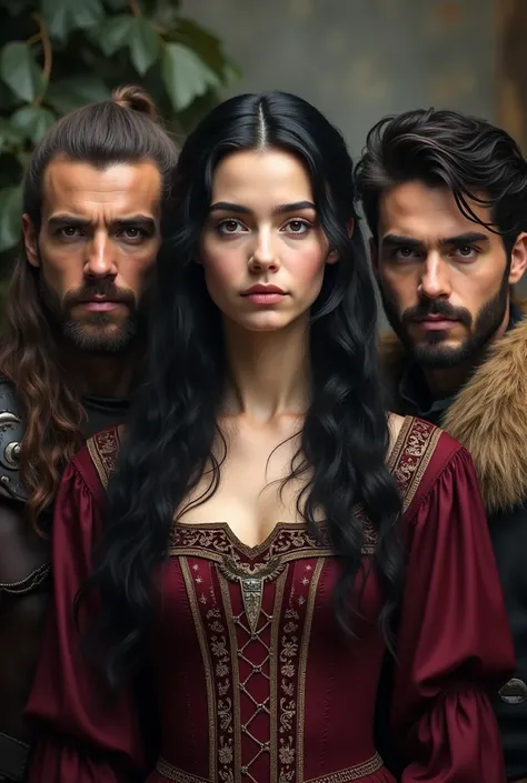 three people leaning : A young adult beautiful medieval queen serious beautiful clean face with black hair and gray eyes wearing a dark red dress in the middle a serious Viking boy with long brown hair with locks pulled back and dark brown eyes wearing a b...