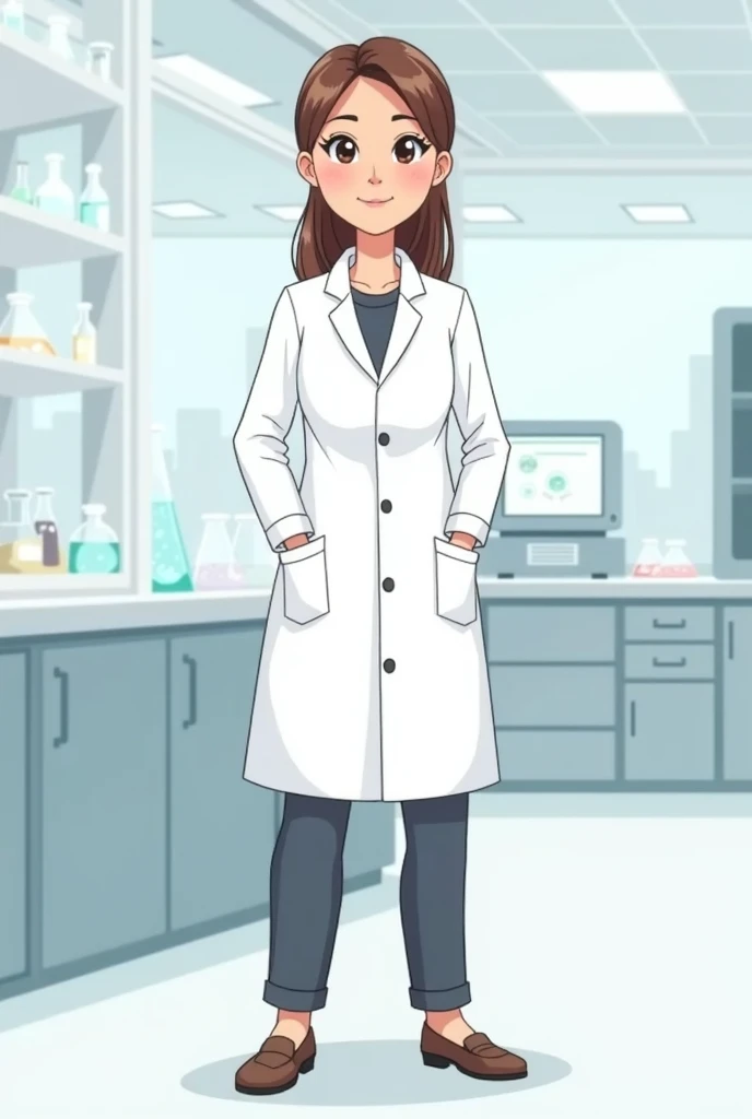 "Draw a cartoon of a young woman properly dressed for working in a science laboratory. She is wearing long pants, closed-toe shoes, and her hair is tied back. Her lab coat is completely buttoned up, with every single button fastened from top to bottom so t...