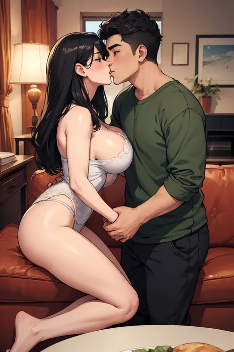 High image quality、 Hi-Res、Teenage boy and woman in their 40s having a deep kiss、 she has very big breasts 、Delicate Boy、Living room sofa、