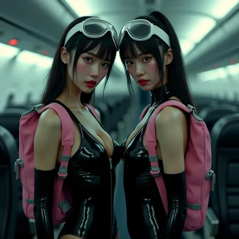 Two sultry Asian models, donning sleek black latex catsuits with zippers down the center, stand amidst the eerie silence of an airplane cabin. Pink parachute harnesses and backpacks adorn their bodies as tears stream down their faces. White hairbands hold ...