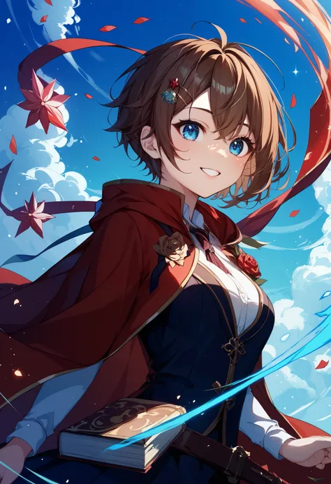 score_9, score_8_up, score_7_up、Brown Hair、 shortcut、 ties hair behind、Blue Eyes、 magic 学校、Black and red robes、Have a spellbook、 cute girl、hairpin, magic 、magic