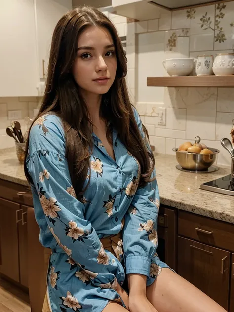 a woman with long hair sitting in a kitchen, brown hair, shirt, upper body, parted lips, lips, floral print, blue shirt