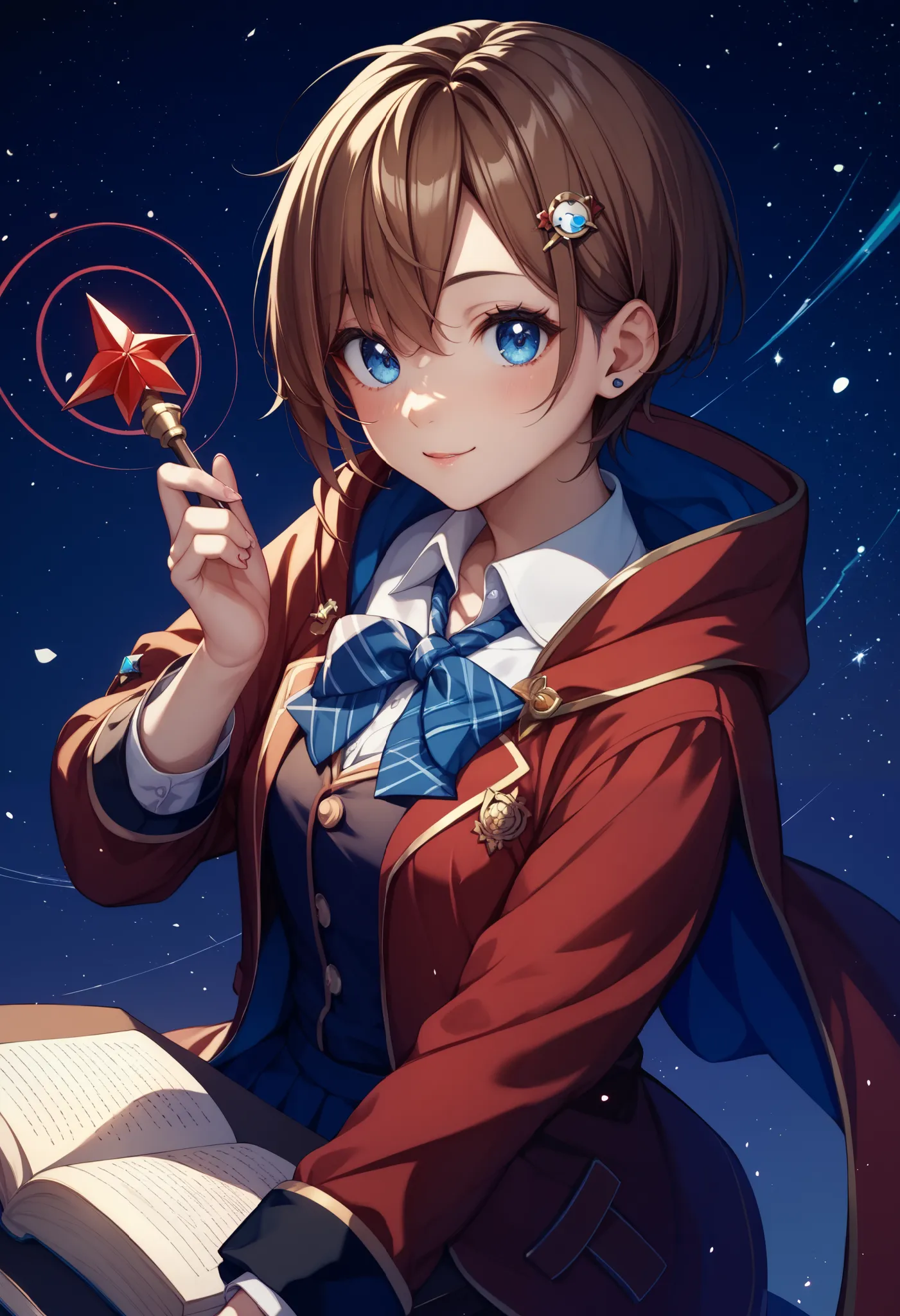 score_9, score_8_up, score_7_up、Brown Hair、 shortcut、 ties hair behind、Blue Eyes、Magic School、Black and red robes、Have a spellbook、 cute girl、hairpin