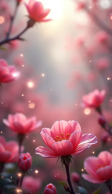 All expressed with jewels, the arrival of spring, various beautiful flowers, angles looking up from below, various jewels falling from the sky, wonderful and beautiful superb view, slightly hazy, fantastic, high resolution, 8K