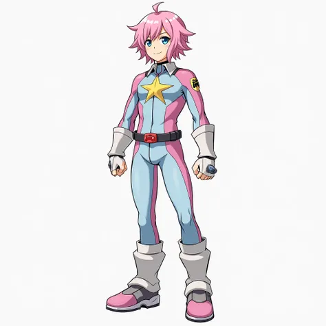 An anime boy, , Pastel pink hair,  blue eyes , pale skin, light blue and pink long-sleeved pilot suit, belt with equipment , white fingerless gloves,  large yellow star on the torso,  anime style,  full body , Academia U .a, man,  athletic and slim body , ...