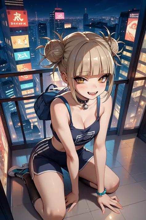 whole body　run　 Toga Himiko　 from directly above　 skyscraper in front of the floor　night