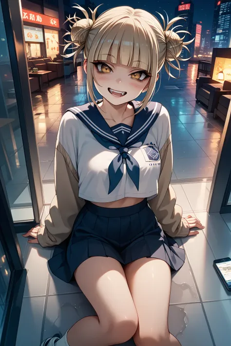 whole body　run　 Toga Himiko　 from directly above　 skyscraper in front of the floor　night