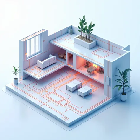 Smart home is simulated in 2D with electrical circuit lines