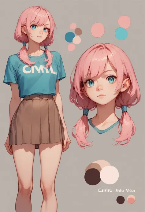 character sheet. girl with pink hair. Two low ponytails and bangs .  Blue t-shirt and brown skirt