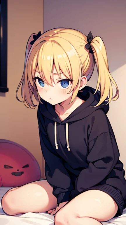  A small-breasted girl relaxing in her room completely naked and wearing a baggy hoodie、Blonde、 twin tails、Prone、Looking away、Cheeky face、