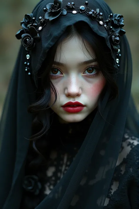 Make a girla face with whitish pale skin brown eyes and blackest black hair with pinkish blush and reddish lips with a black veil and the viel has black applique flowers with black stones