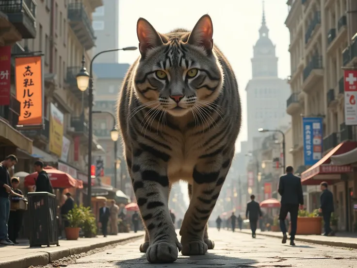 A gigantic, athletic tabby grey cat walking in the busy streets of a metropolis. sunny. fur. realistic. soft light. 